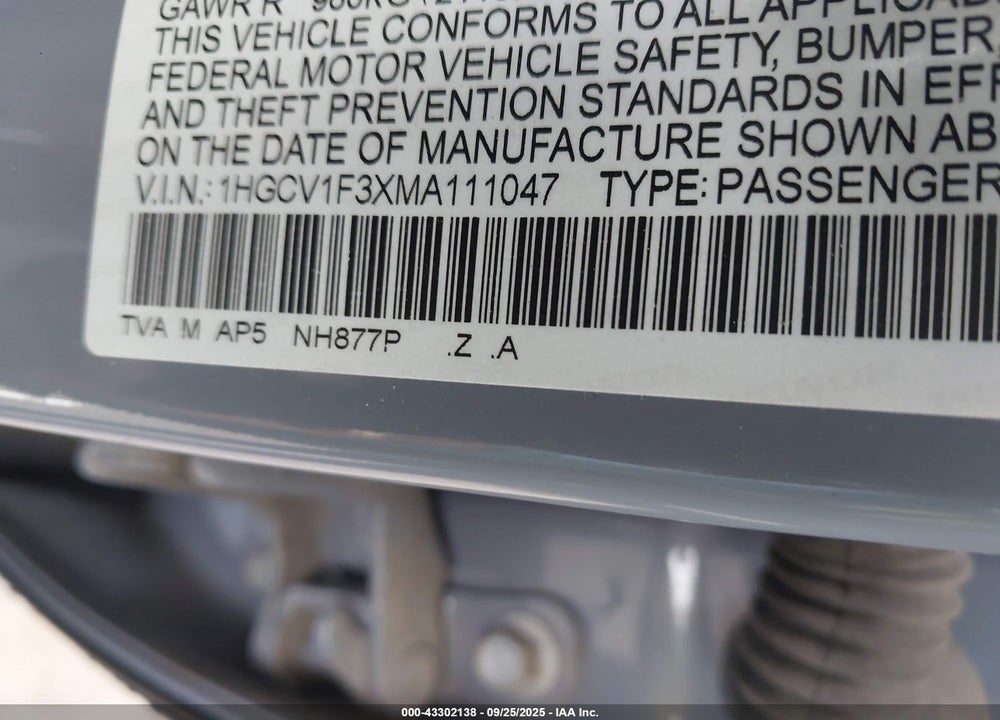 2021 HONDA ACCORD SPORT VIN: 1HGCV1F3XMA111047