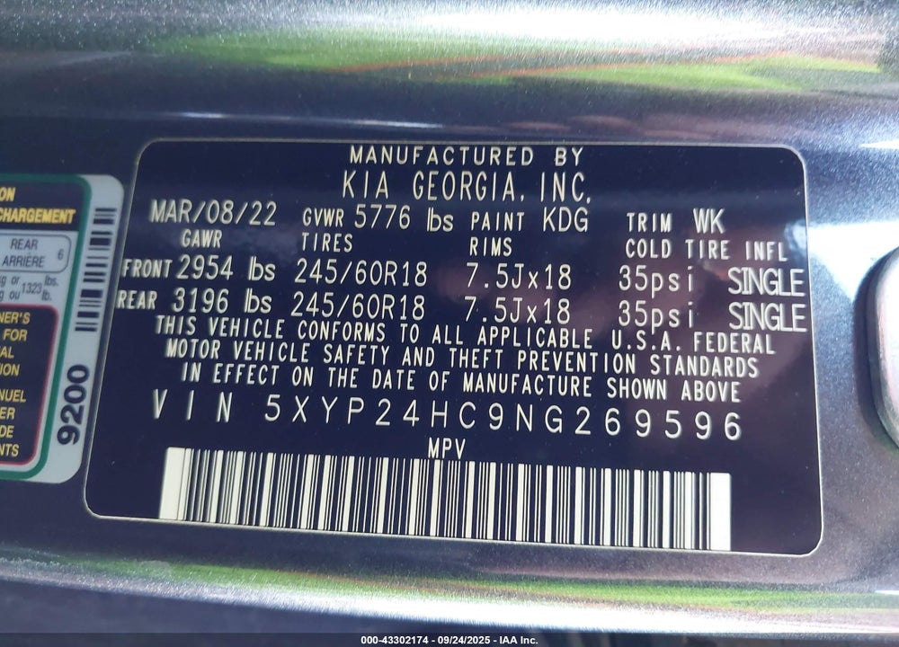 2022 KIA TELLURIDE LX VIN: 5XYP24HC9NG269596