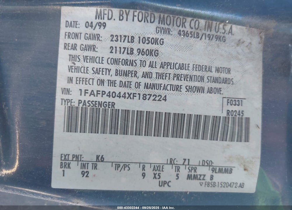 1999 FORD MUSTANG VIN: 1FAFP4044XF187224