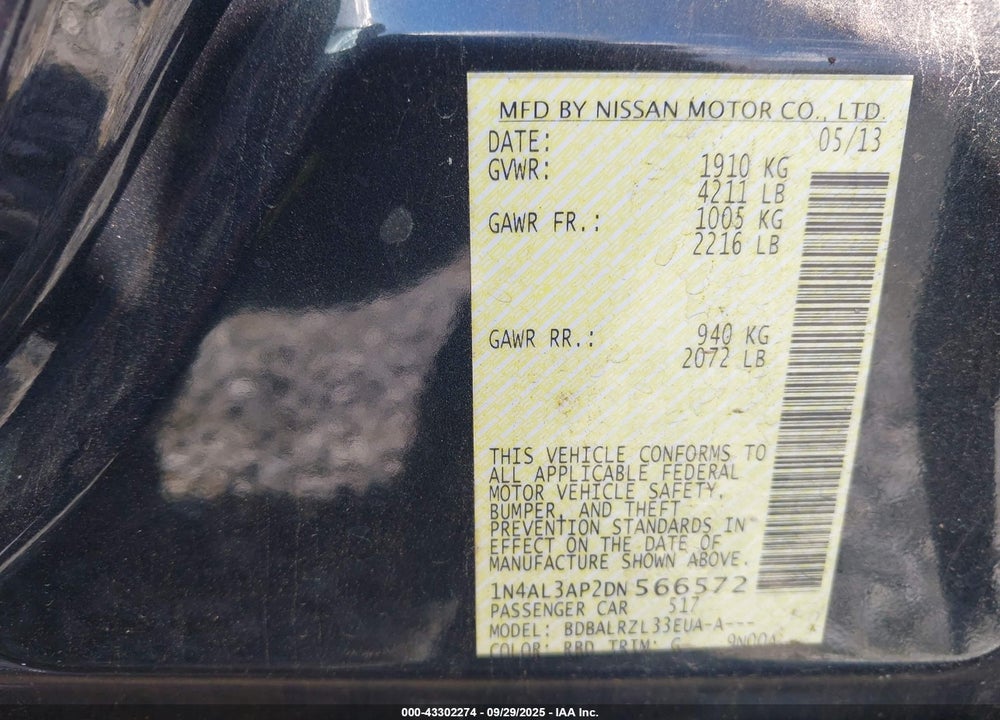 2013 NISSAN ALTIMA VIN: 1N4AL3AP2DN566572