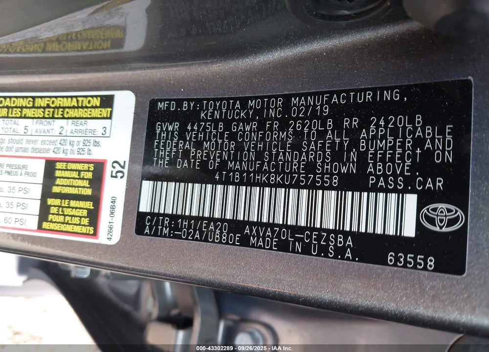 2019 TOYOTA CAMRY VIN: 4T1B11HK8KU757558