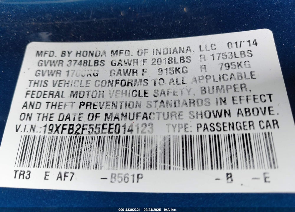 2014 HONDA CIVIC LX VIN: 19XFB2F55EE014123