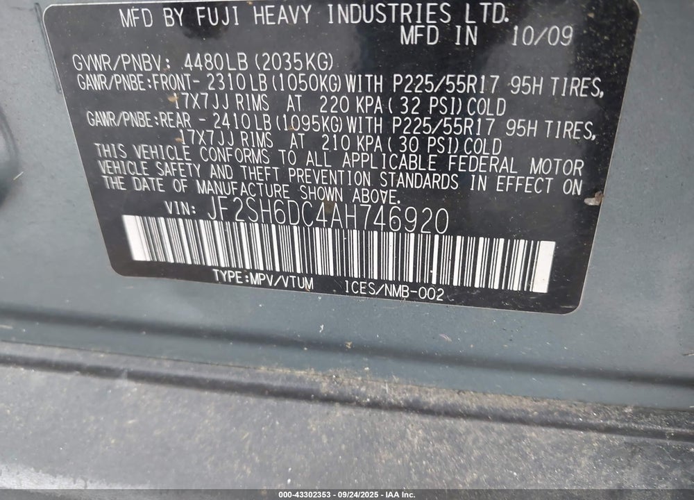 2010 SUBARU FORESTER VIN: JF2SH6DC4AH746920