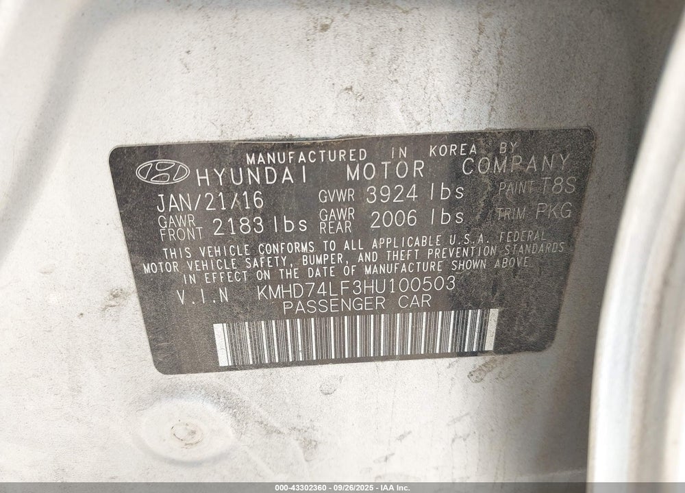 2017 HYUNDAI ELANTRA VIN: KMHD74LF3HU100503