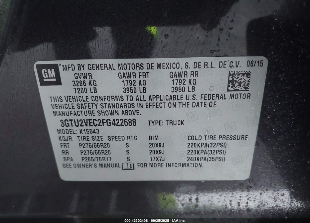 2015 GMC SIERRA 1500 VIN: 3GTU2VEC2FG422688
