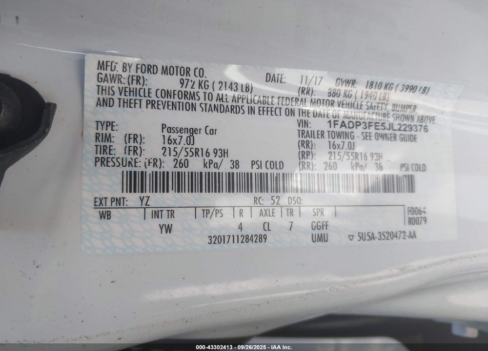 2018 FORD FOCUS SE VIN: 1FADP3FE5JL229376