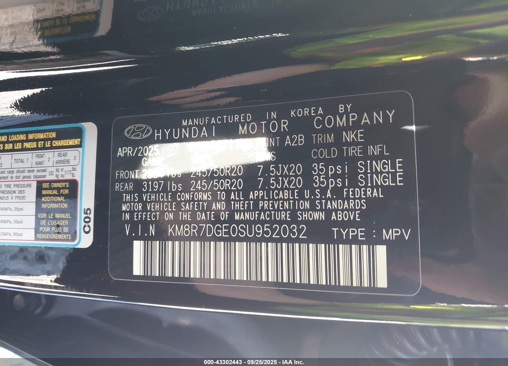 2025 HYUNDAI PALISADE CALLIGRAPHY NIGHT EDITION VIN: KM8R7DGE0SU952032