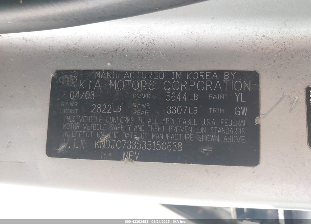 2003 KIA SORENTO EX/LX VIN: KNDJC733535150638