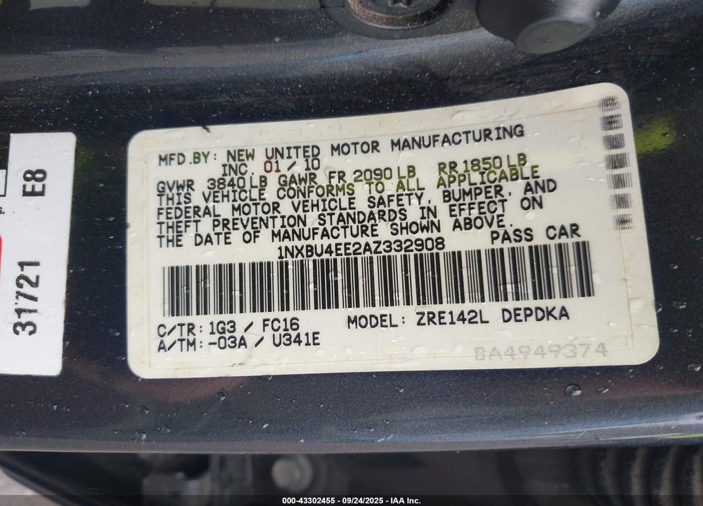 2010 TOYOTA COROLLA LE VIN: 1NXBU4EE2AZ332908