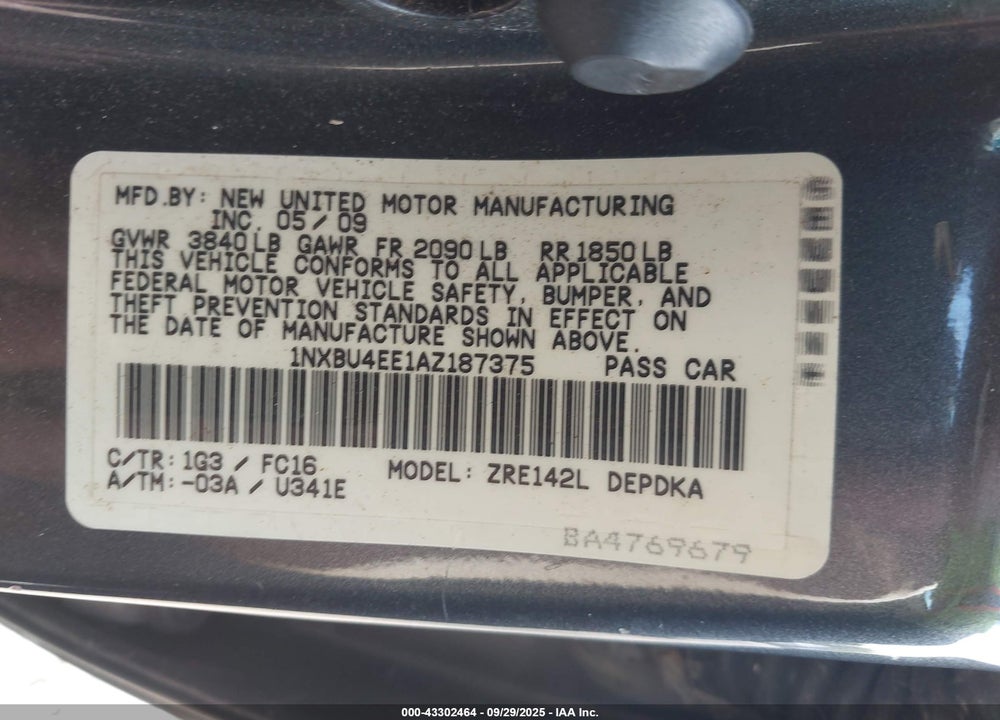 2010 TOYOTA COROLLA LE VIN: 1NXBU4EE1AZ187375