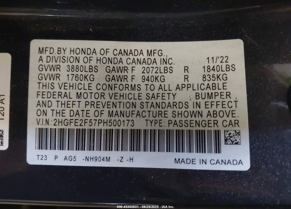 2023 HONDA CIVIC SPORT VIN: 2HGFE2F57PH500173