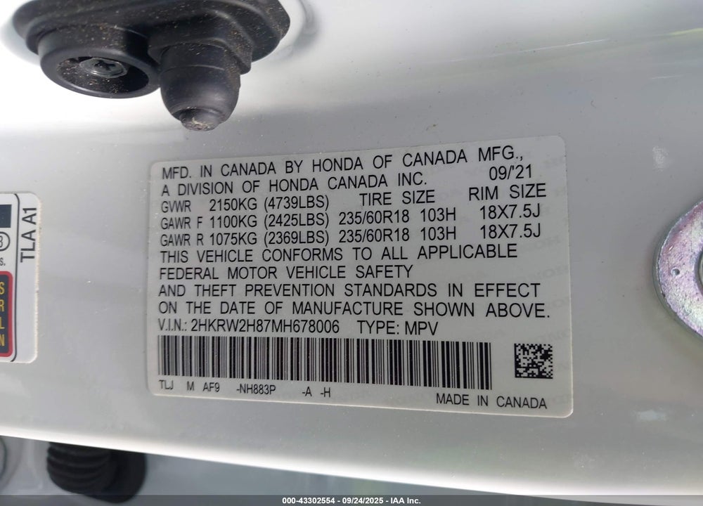 2021 HONDA CR-V VIN: 2HKRW2H87MH678006
