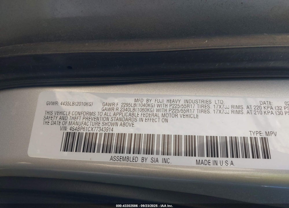 2007 SUBARU OUTBACK VIN: 4S4BP61CX77343914