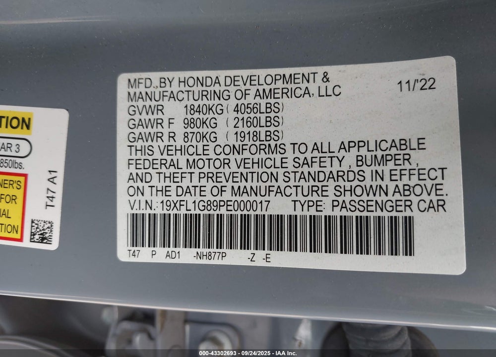 2023 HONDA CIVIC VIN: 19XFL1G89PE000017