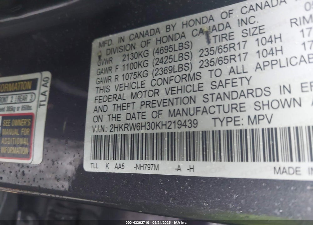 2019 HONDA CR-V LX VIN: 2HKRW6H30KH219439