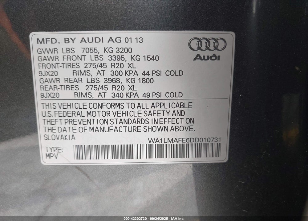 2013 AUDI Q7 VIN: WA1LMAFE6DD010731