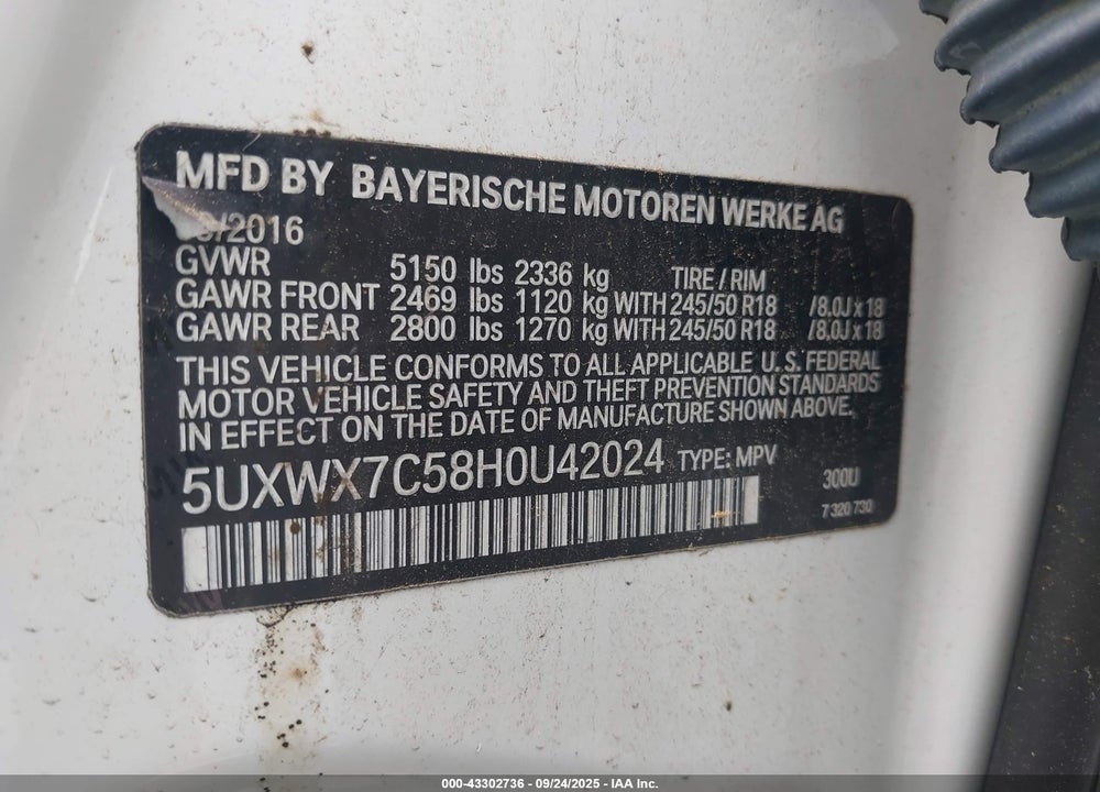 2017 BMW X3 XDRIVE35I VIN: 5UXWX7C58H0U42024