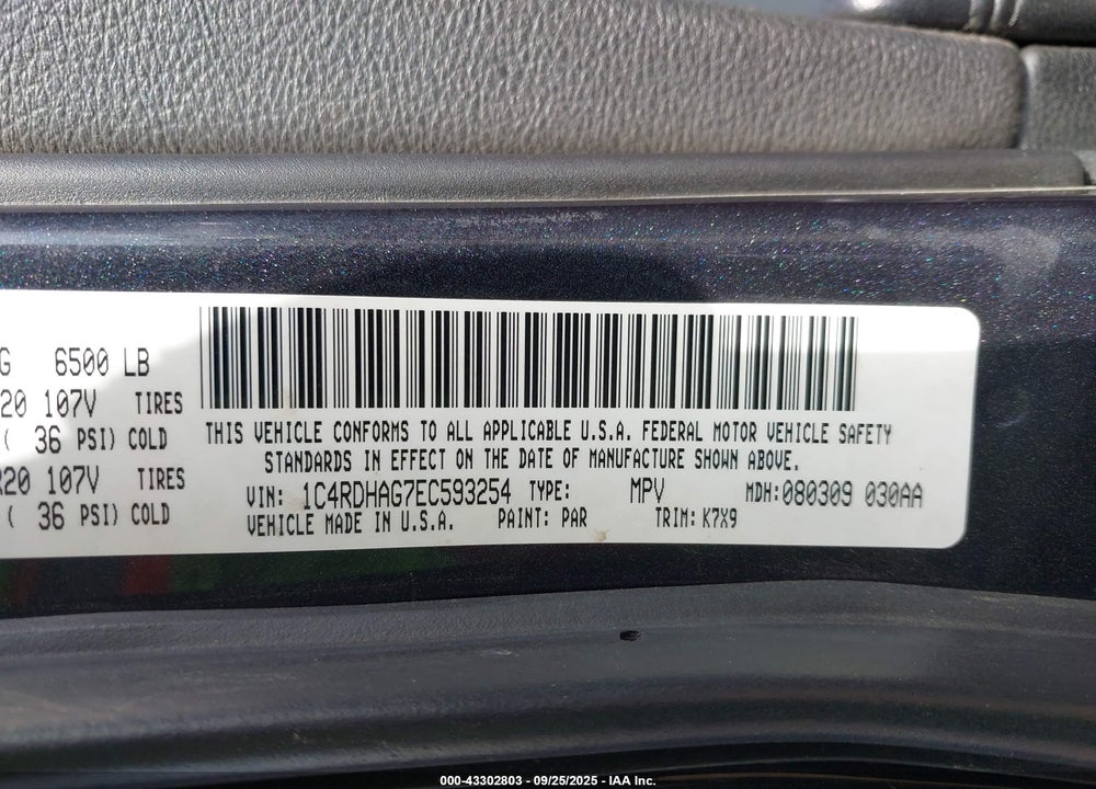 2014 DODGE DURANGO VIN: 1C4RDHAG7EC593254