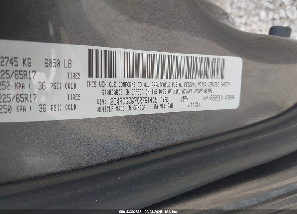 2019 DODGE GRAND CARAVAN SXT VIN: 2C4RDGCG7KR761419