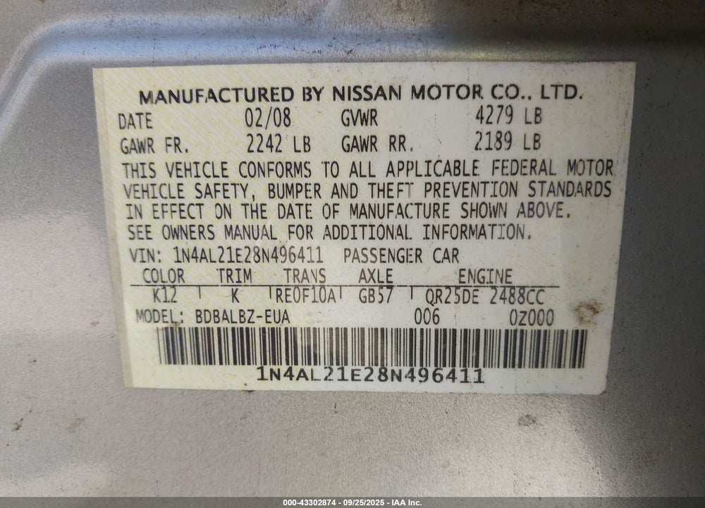 2008 NISSAN ALTIMA 2.5 S VIN: 1N4AL21E28N496411