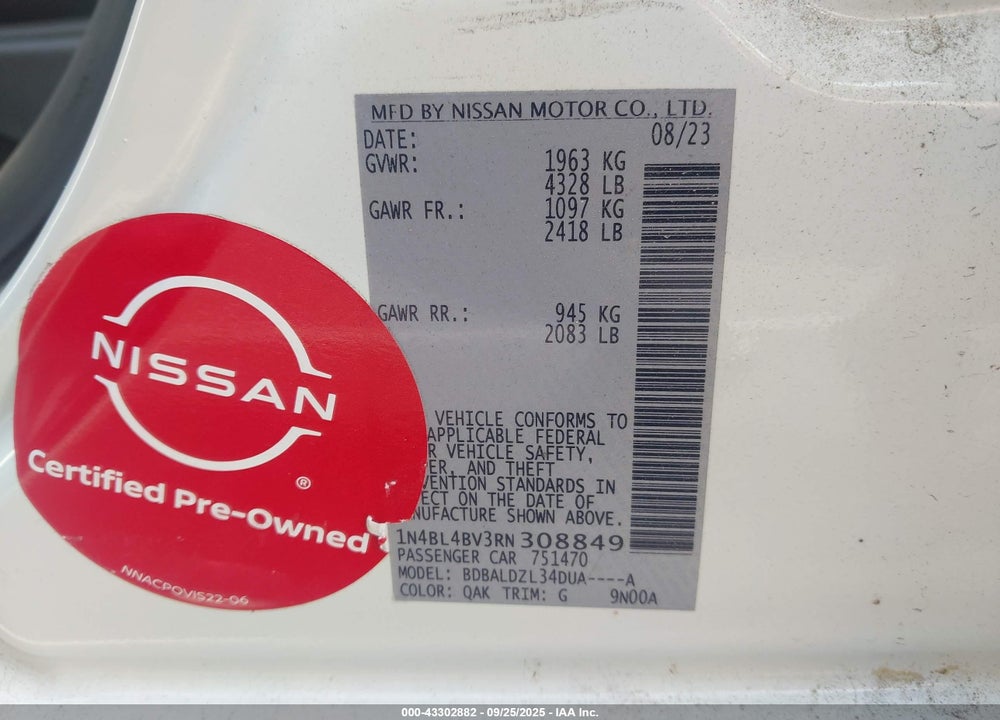 2024 NISSAN ALTIMA S FWD VIN: 1N4BL4BV3RN308849