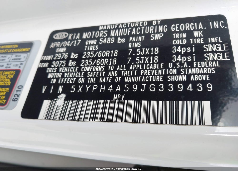2018 KIA SORENTO 3.3L EX VIN: 5XYPH4A59JG339439