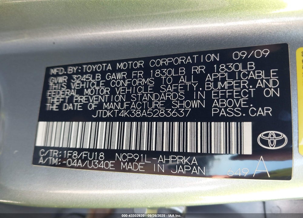 2010 TOYOTA YARIS VIN: JTDKT4K38A5283637
