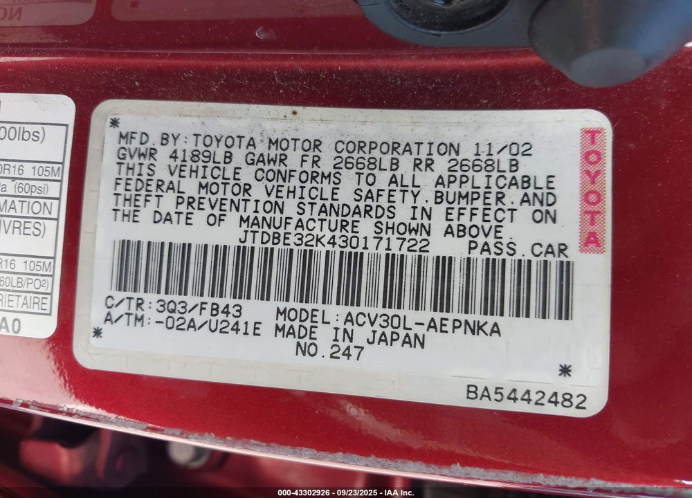 2003 TOYOTA CAMRY LE VIN: JTDBE32K430171722