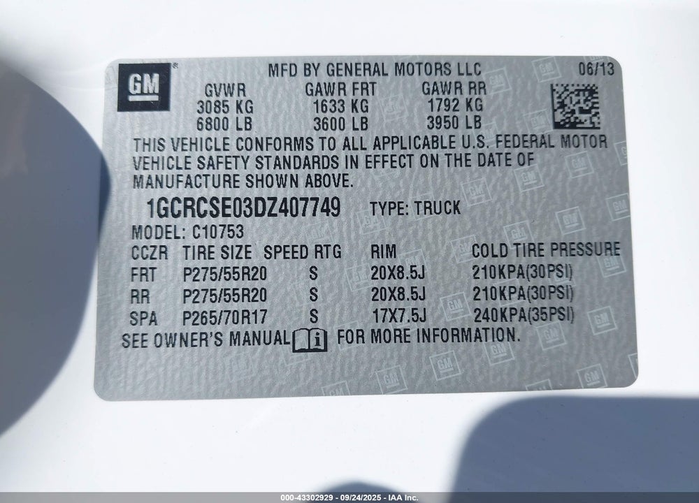 2013 CHEVROLET SILVERADO 1500 LT VIN: 1GCRCSE03DZ407749