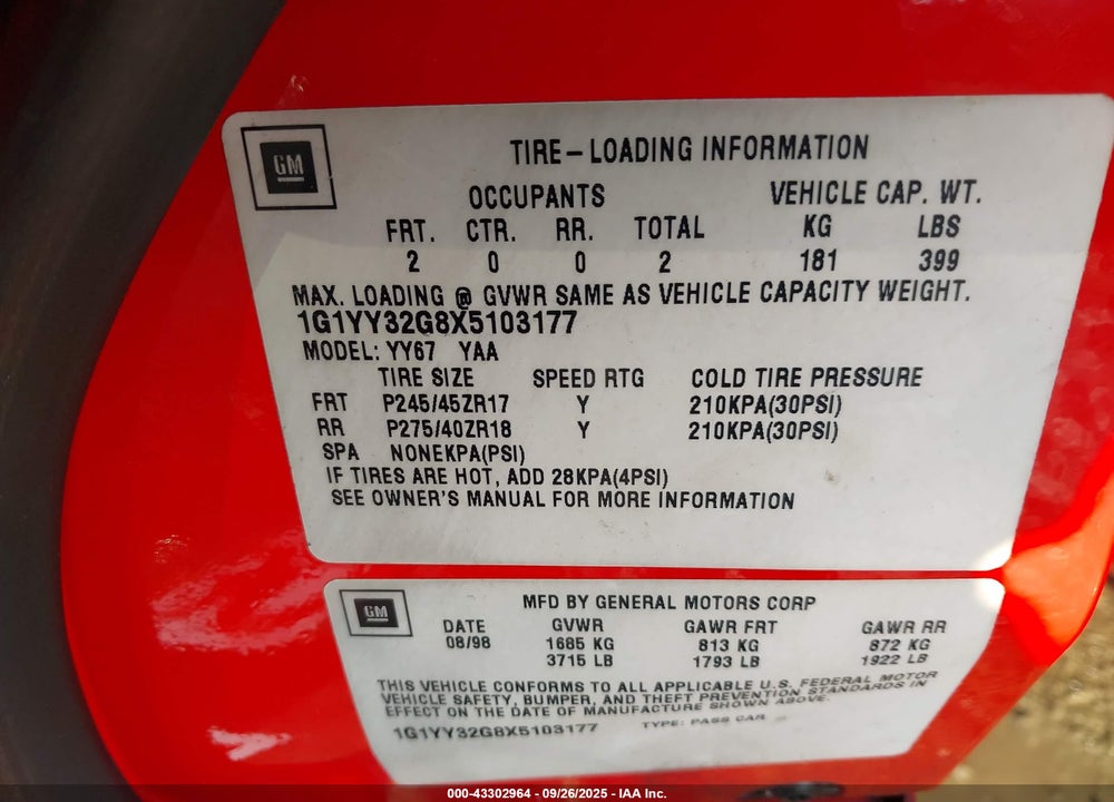 1999 CHEVROLET CORVETTE VIN: 1G1YY32G8X5103177