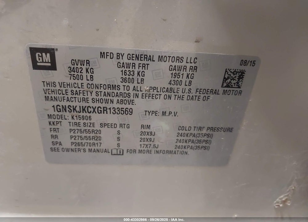 2016 CHEVROLET SUBURBAN LTZ VIN: 1GNSKJKCXGR133569