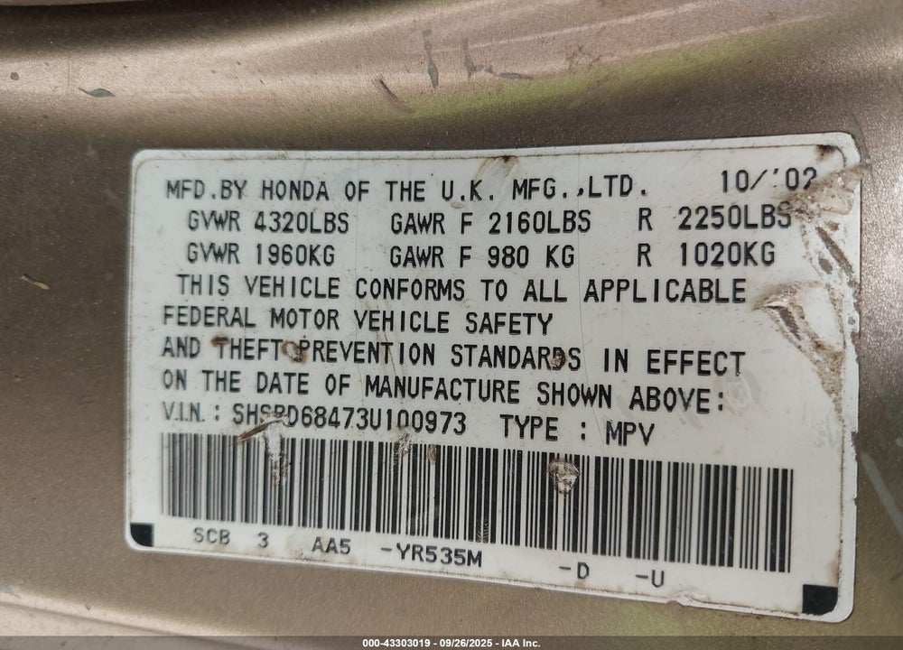 2003 HONDA CR-V LX VIN: SHSRD68473U100973