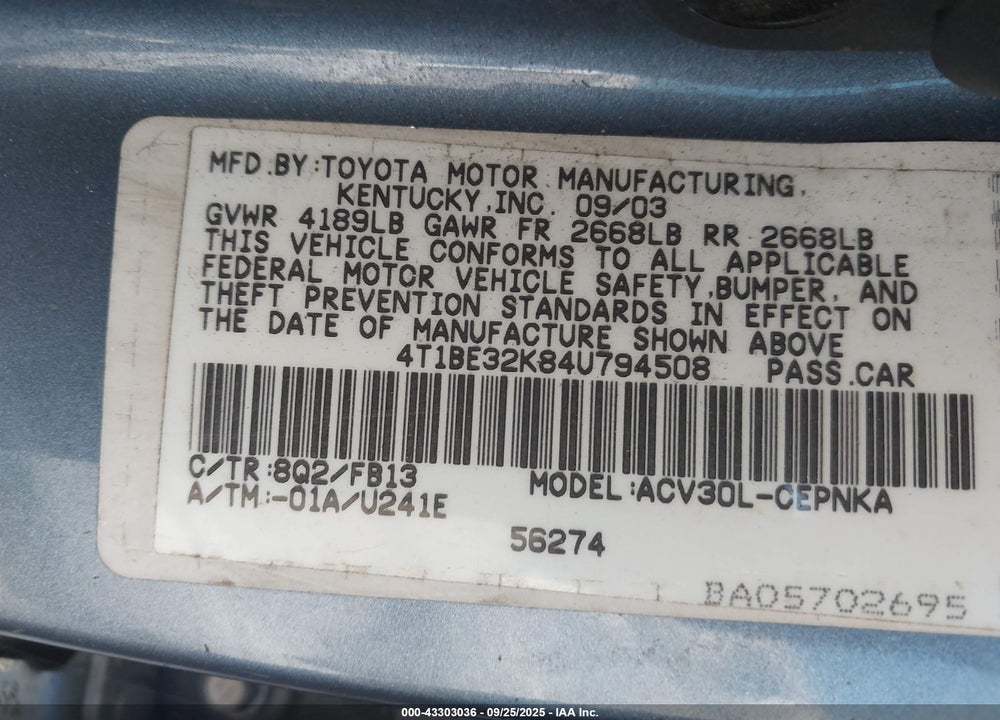 2004 TOYOTA CAMRY LE VIN: 4T1BE32K84U794508