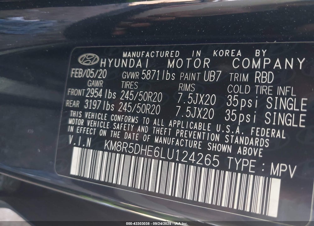 2020 HYUNDAI PALISADE VIN: KM8R5DHE6LU124265