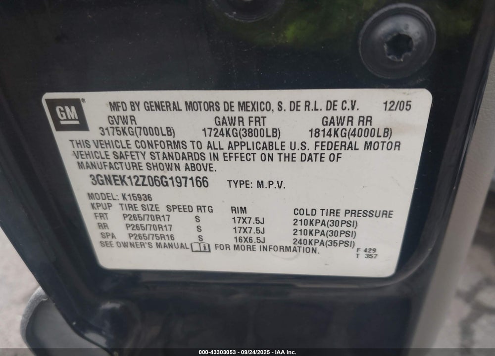 2006 CHEVROLET AVALANCHE 1500 Z71 VIN: 3GNEK12Z06G197166
