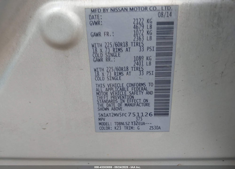 2015 NISSAN ROGUE VIN: 5N1AT2MV5FC751126