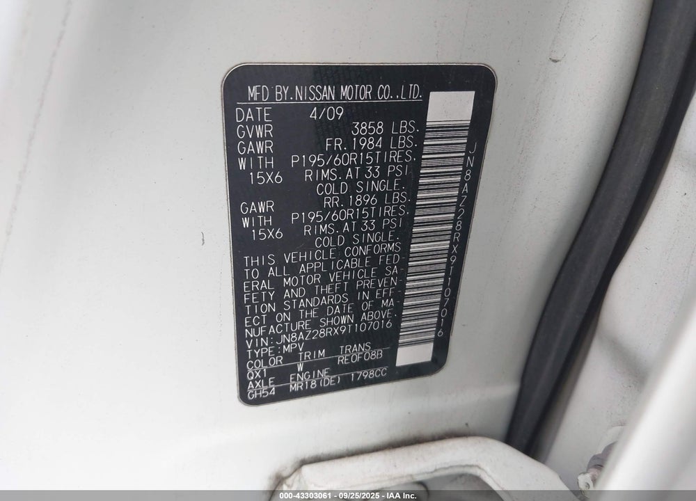 2009 NISSAN CUBE 1.8S VIN: JN8AZ28RX9T107016