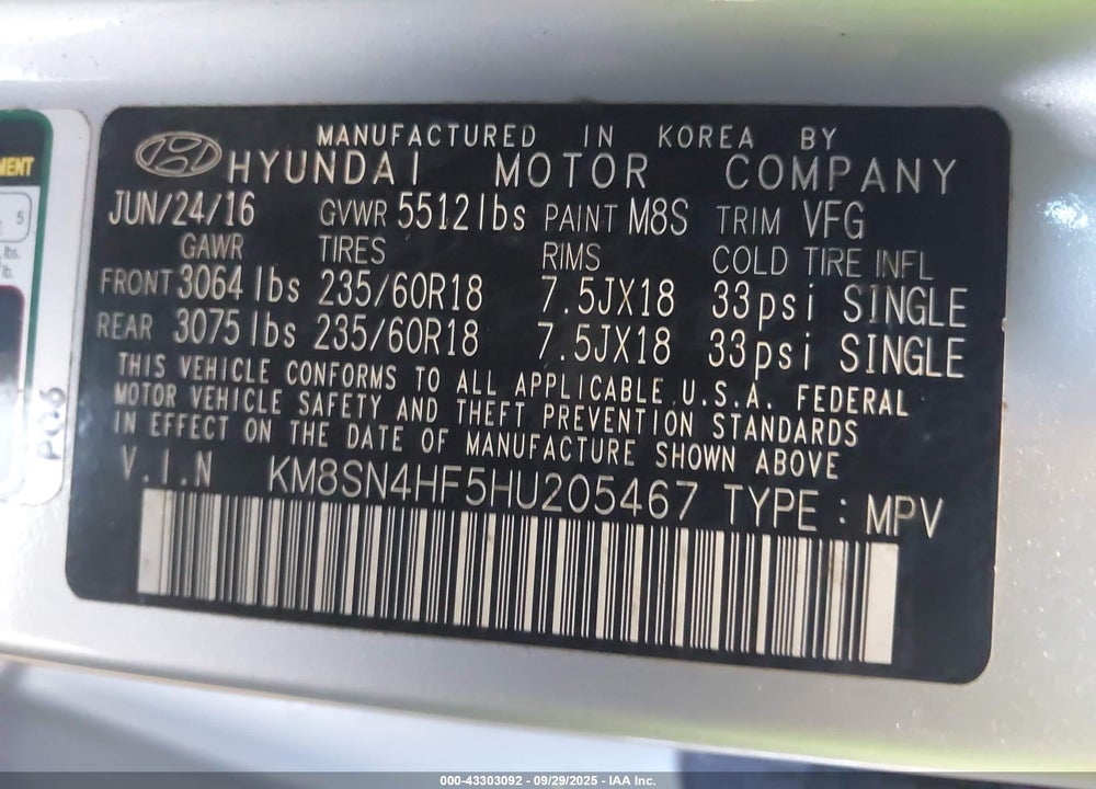 2017 HYUNDAI SANTA FE SE VIN: KM8SN4HF5HU205467
