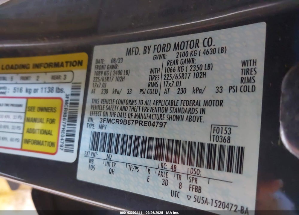 2023 FORD BRONCO SPORT BIG BEND VIN: 3FMCR9B67PRE04797