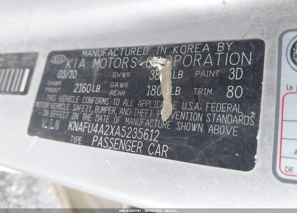 2010 KIA FORTE VIN: KNAFU4A2XA5235612