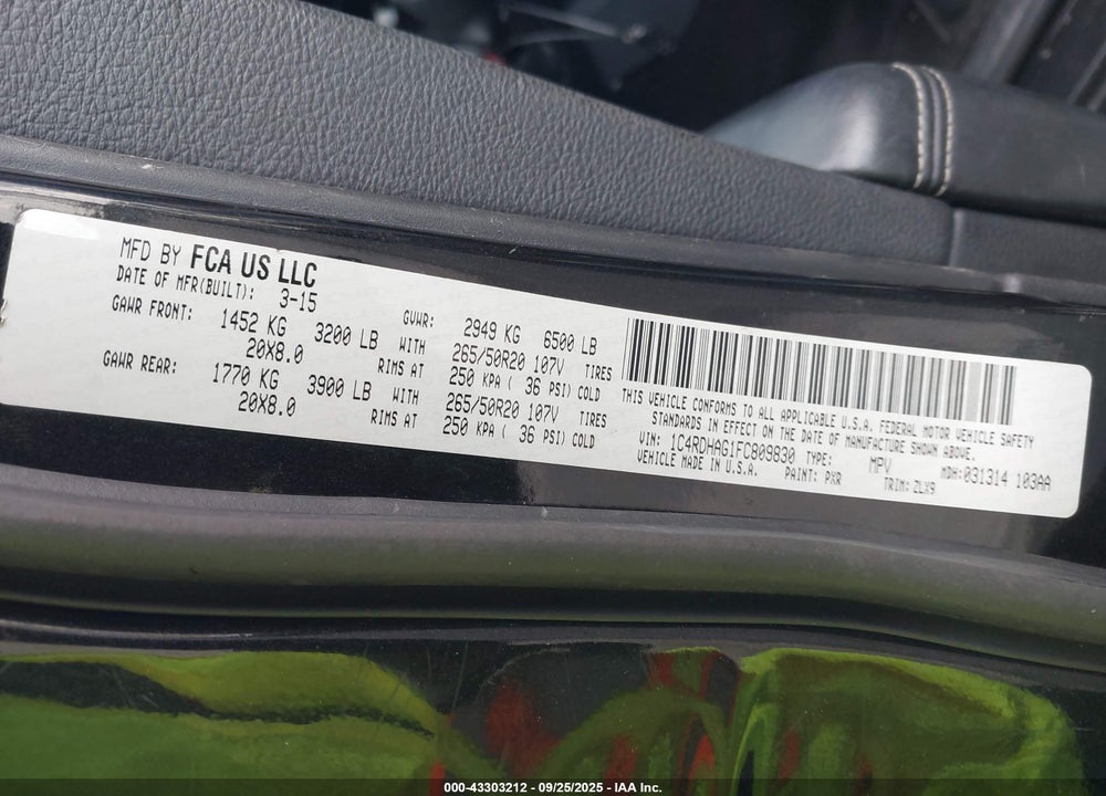 2015 DODGE DURANGO VIN: 1C4RDHAG1FC809830