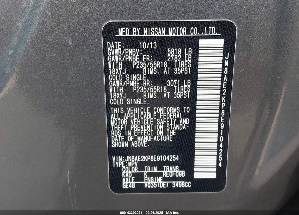 2014 NISSAN QUEST VIN: JN8AE2KP8E9104254