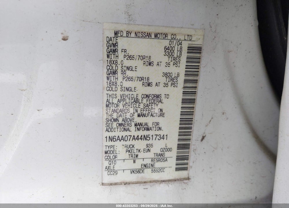 2004 NISSAN TITAN SE VIN: 1N6AA07A44N517341