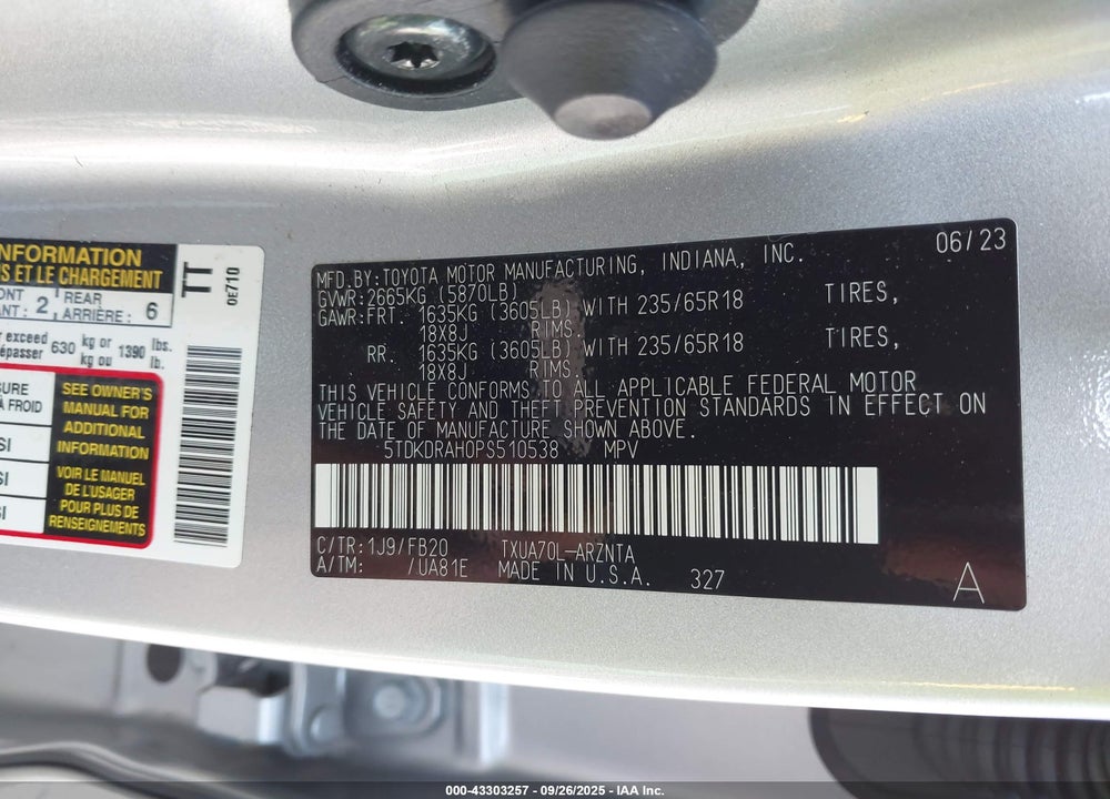 2023 TOYOTA HIGHLANDER L VIN: 5TDKDRAH0PS510538
