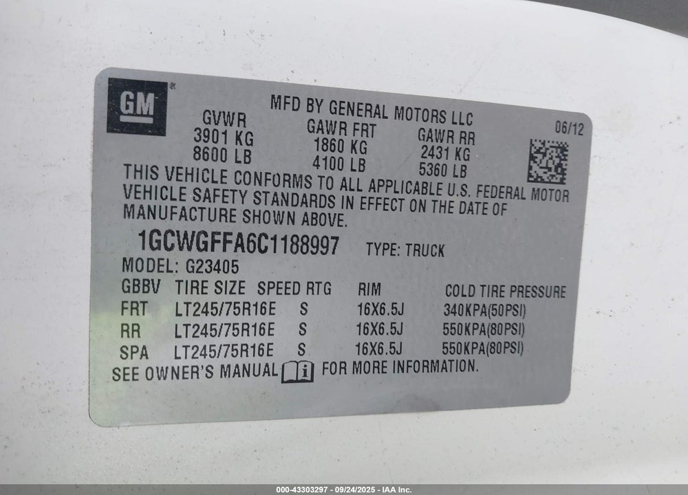 2012 CHEVROLET EXPRESS 2500 WORK VAN VIN: 1GCWGFFA6C1188997