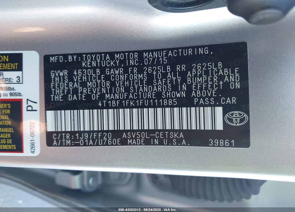 2015 TOYOTA CAMRY VIN: 4T1BF1FK1FU111885