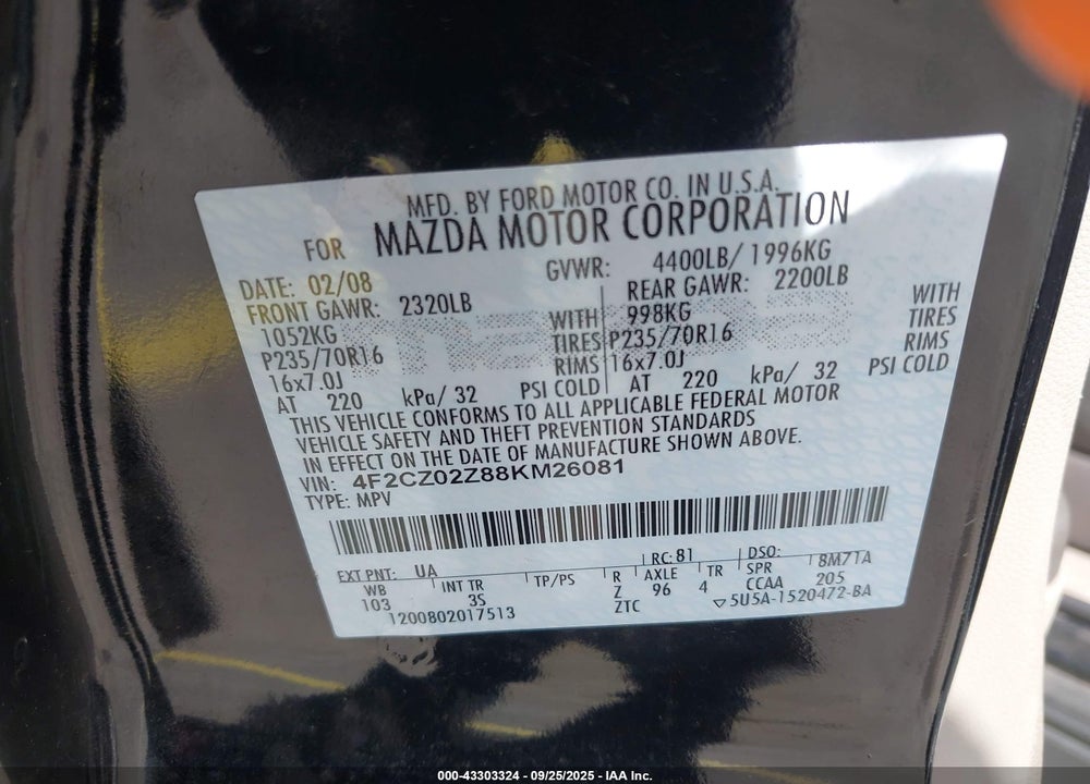 2008 MAZDA TRIBUTE I SPORT VIN: 4F2CZ02Z88KM26081