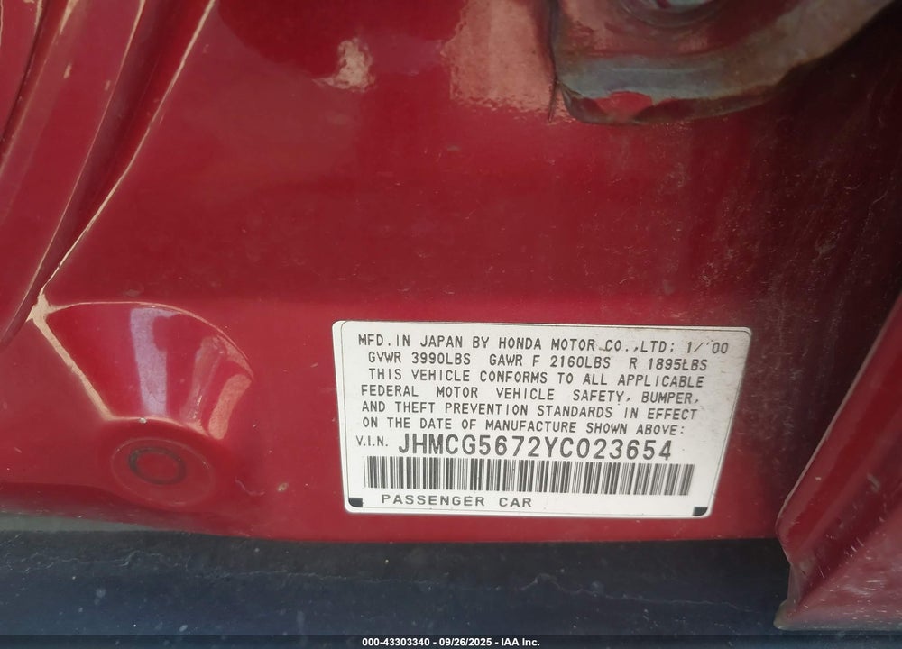 2000 HONDA ACCORD 2.3 SE VIN: JHMCG5672YC023654