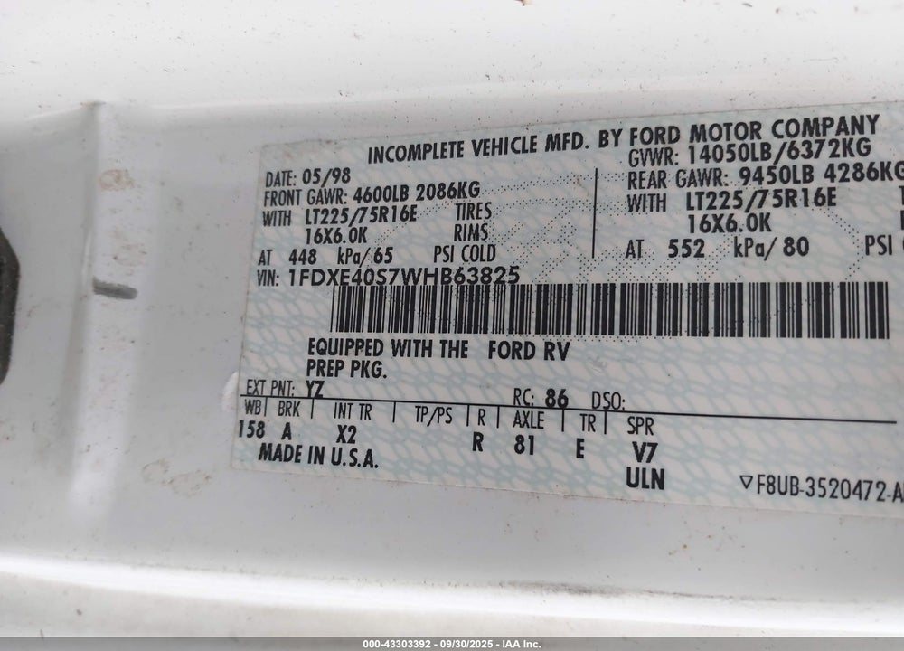 1998 FORD ECONOLINE E450 SUPER DUTY CUTWY  RV VIN: 1FDXE40S7WHB63825