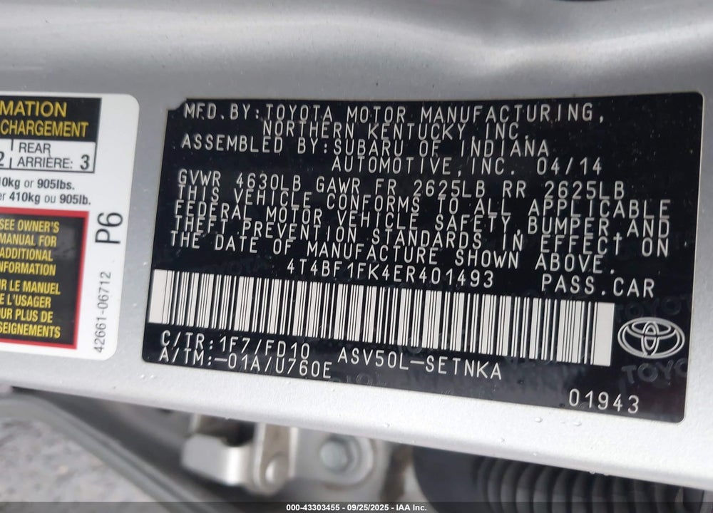 2014 TOYOTA CAMRY VIN: 4T4BF1FK4ER401493